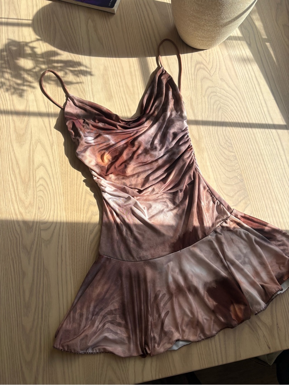 Cowl Neck Satin Slip Dress in Brown